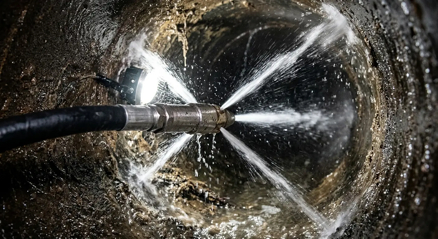 High-pressure hydro jetting nozzle cleaning sewer pipe for Emergency Drain Service in Lynwood