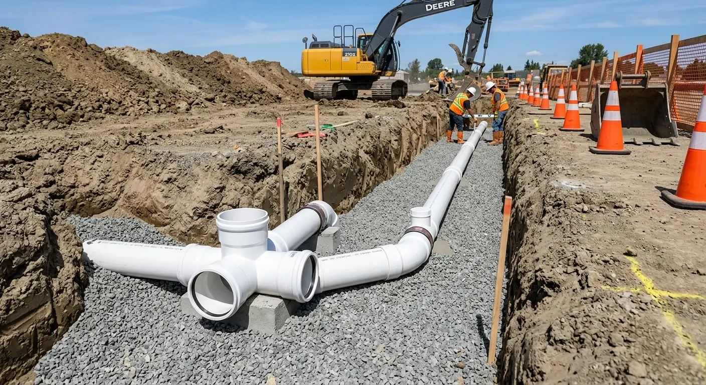 New PVC sewer pipe installation in open trench for Commercial Drain Cleaning in Lynwood