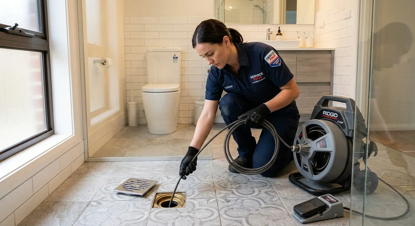Technician clearing a bathroom floor drain for Clogged Drain Repair in Lynwood
